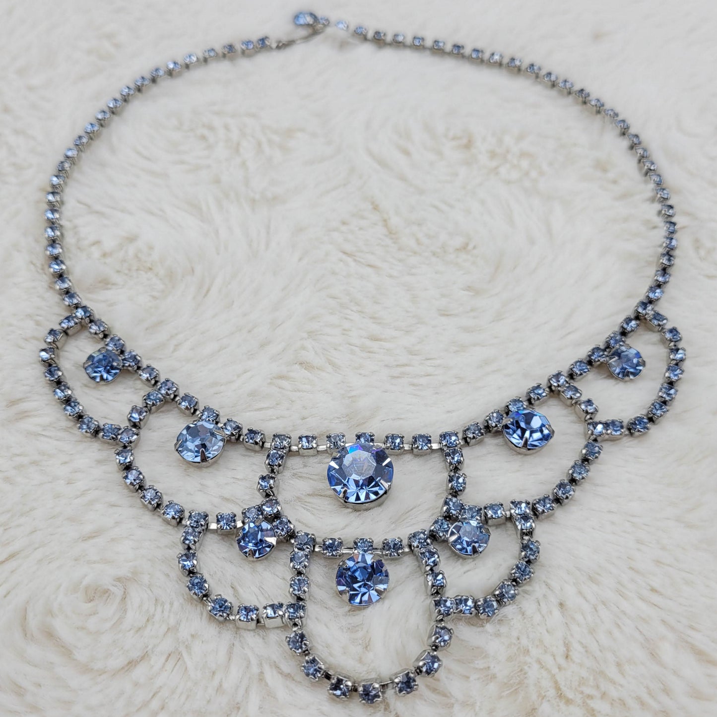 1950's Ice Blue Rhinestone Scallop Drop Necklace