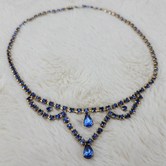 1950's Vintage Blue Rhinestone Loop Necklace with Center Rhinestone Drops