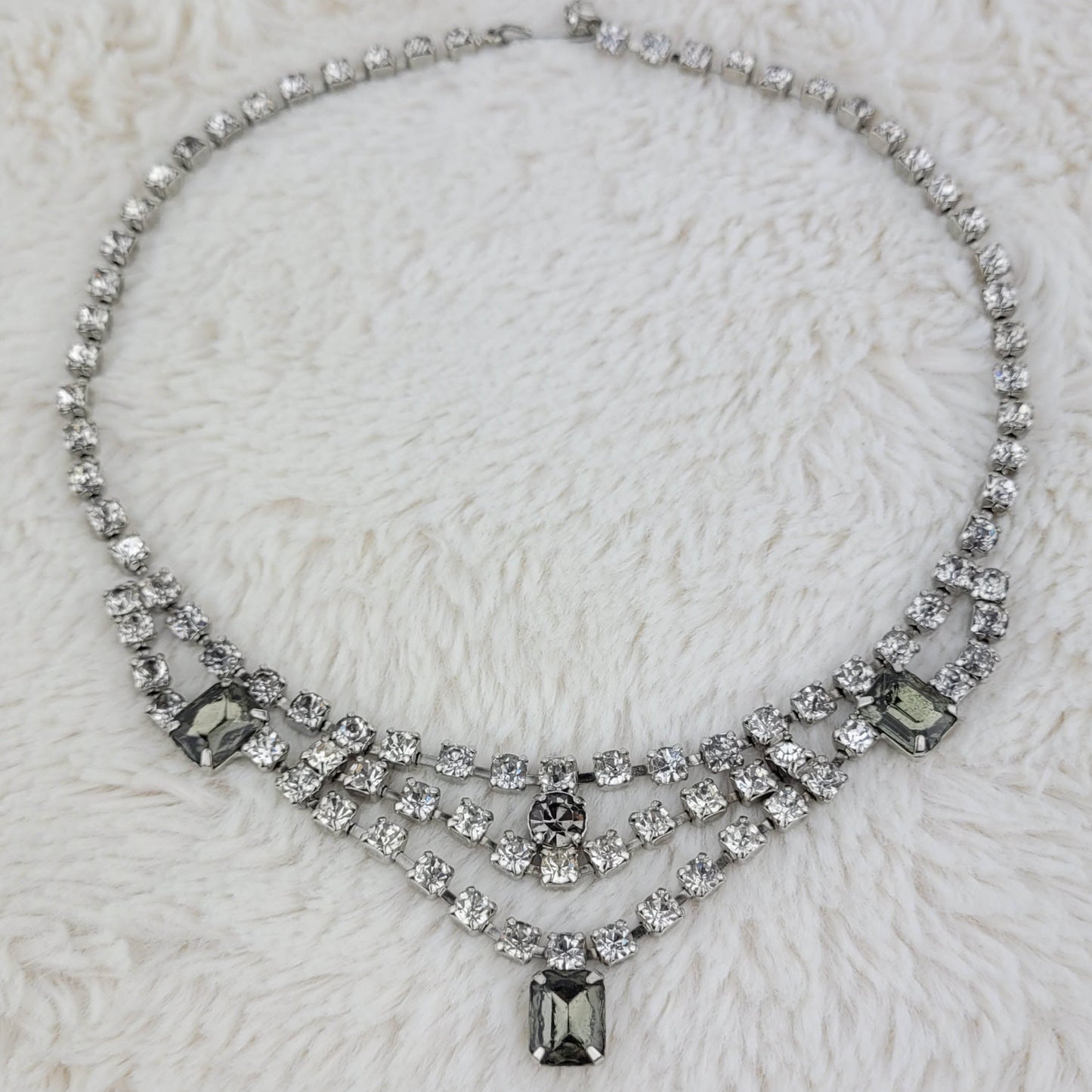 1950's Clear and Gray Rhinestone Multi Strand Pendant Necklace