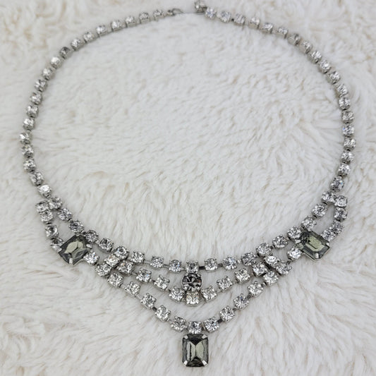 1950s Vintage Necklace with Multiple Strands of Clear and Gray Rhinestones