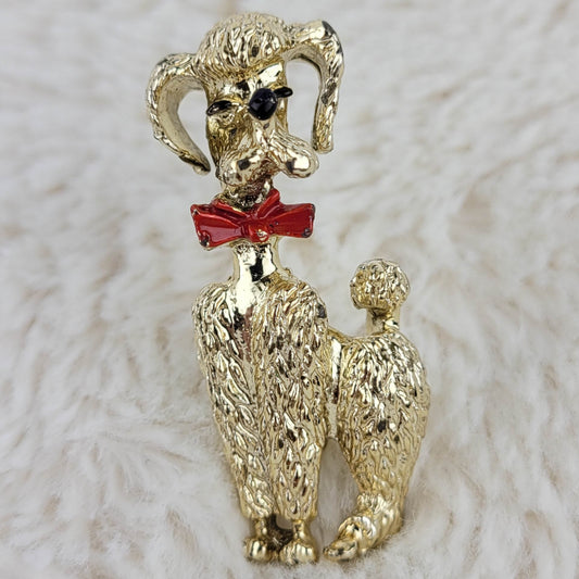 1950's Vintage Gold Tone Metal and Red Enamel Poodle Pin
