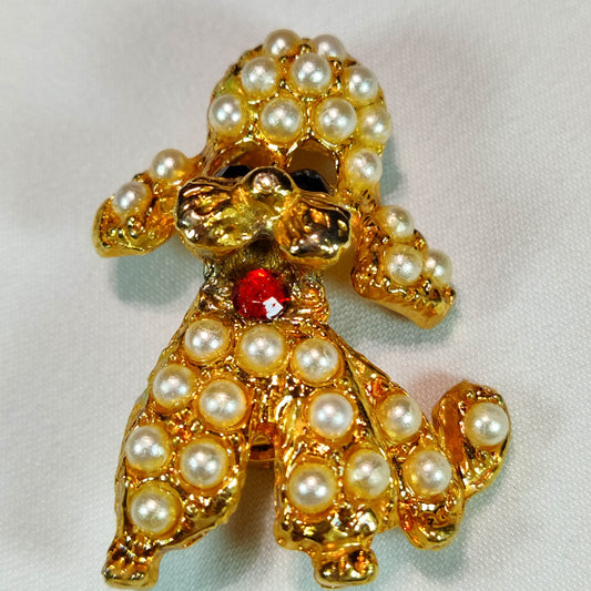1950s Vintage Pearl Bead and Red Rhinestone Poodle Pin