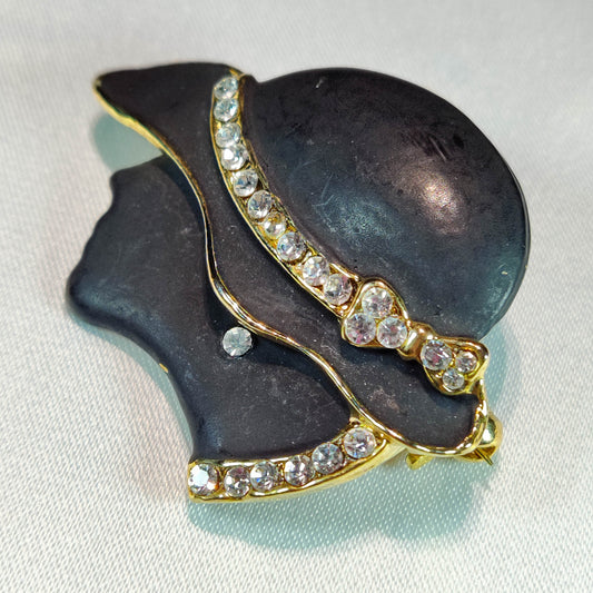 1950's Vintage Black on Gold Tone Metal with Clear Rhinestone Flappers Pin