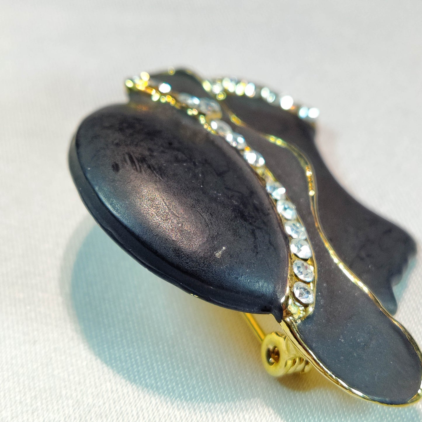 1950's Black on Gold Tone Metal with Clear Rhinestone Flappers Pin