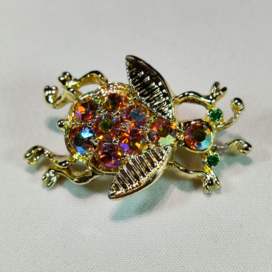 1950s Vintage Gold Tone Metal and Aurora Borealis Rhinestone Bug Pin