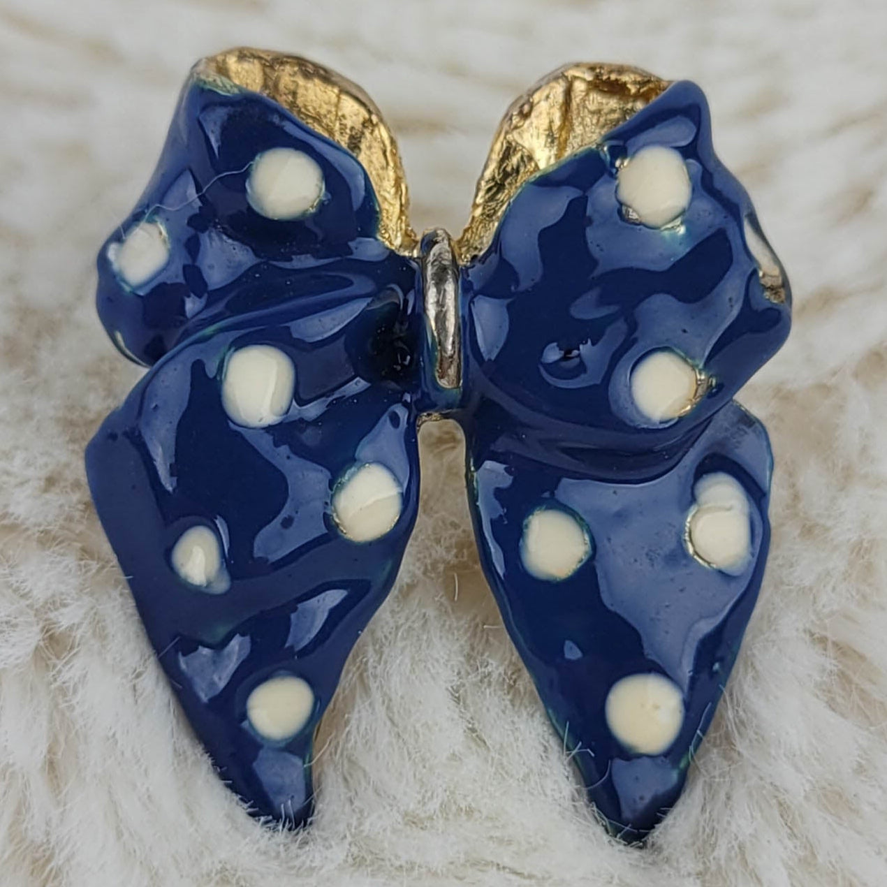 1950's Blue Enamel with White Polka Dots Bow Pin