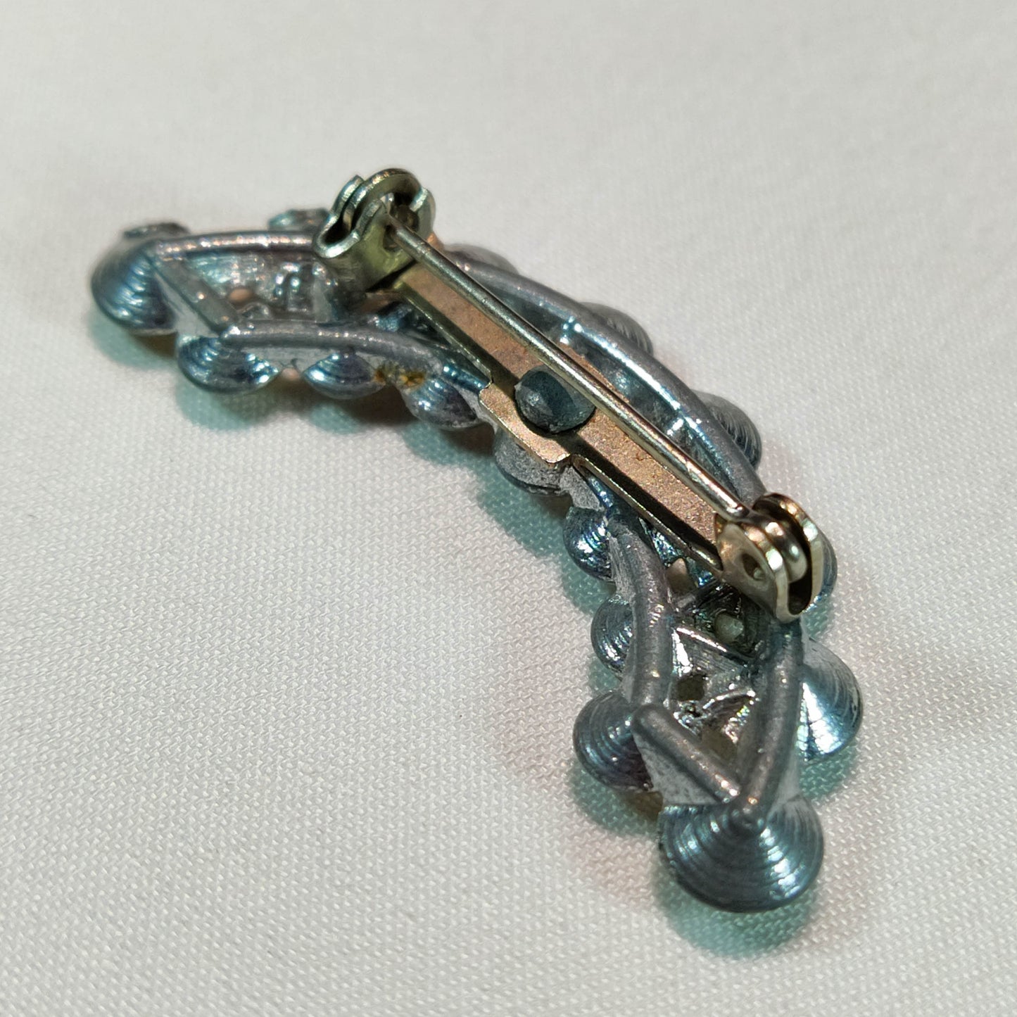 1930's Crescent Shaped Rhinestone Pot Metal Pin
