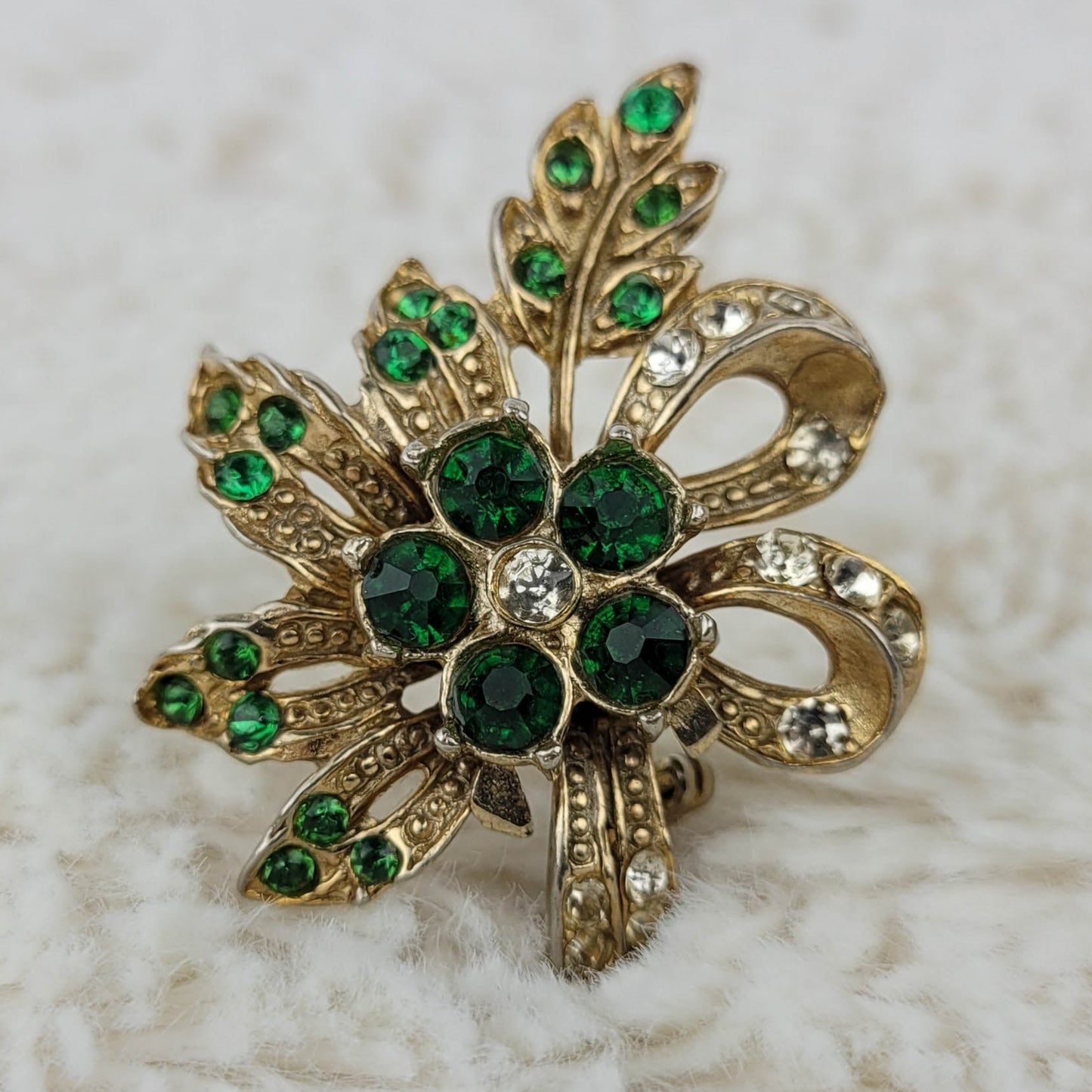 1950's Green Rhinestone Flower and Bow Pin