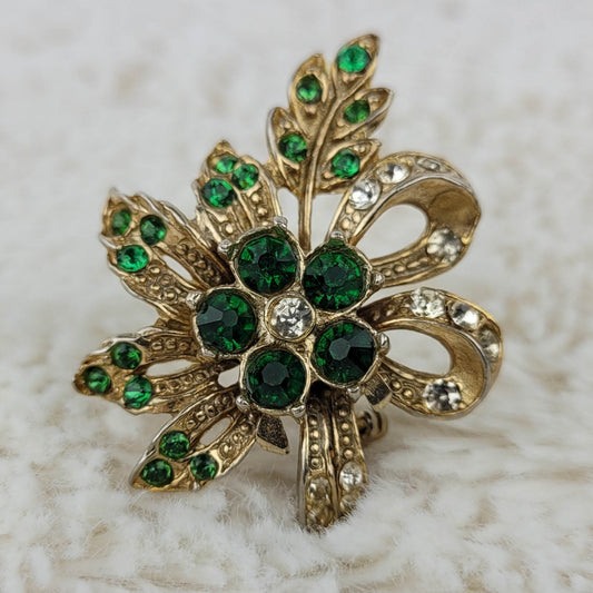 1950's Vintage Green Rhinestone Flower and Bow Pin