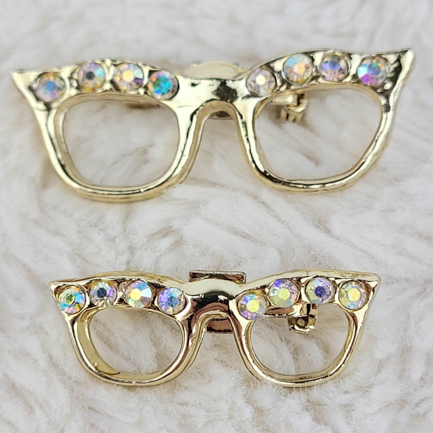 1950's Matching Gold Tone Metal and Aurora Borealis Cat Eye Glasses Pin