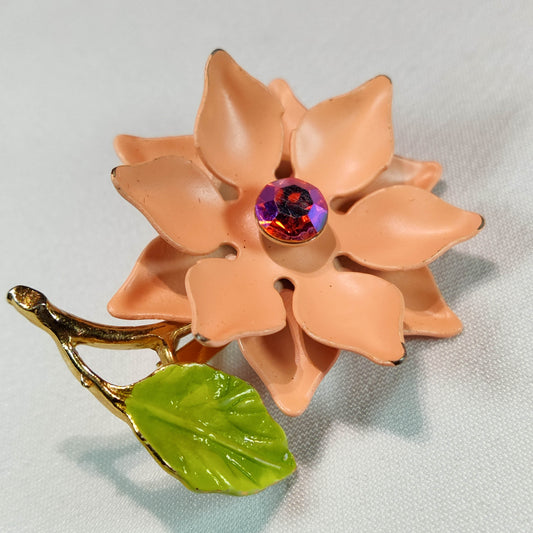 1950's Vintage Peach Enamel and Rhinestone Flower Pin