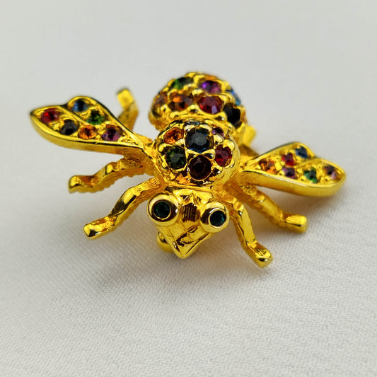 1970's Vintage Gold Tone Bug Pin with Multi-Colored Rhinestones