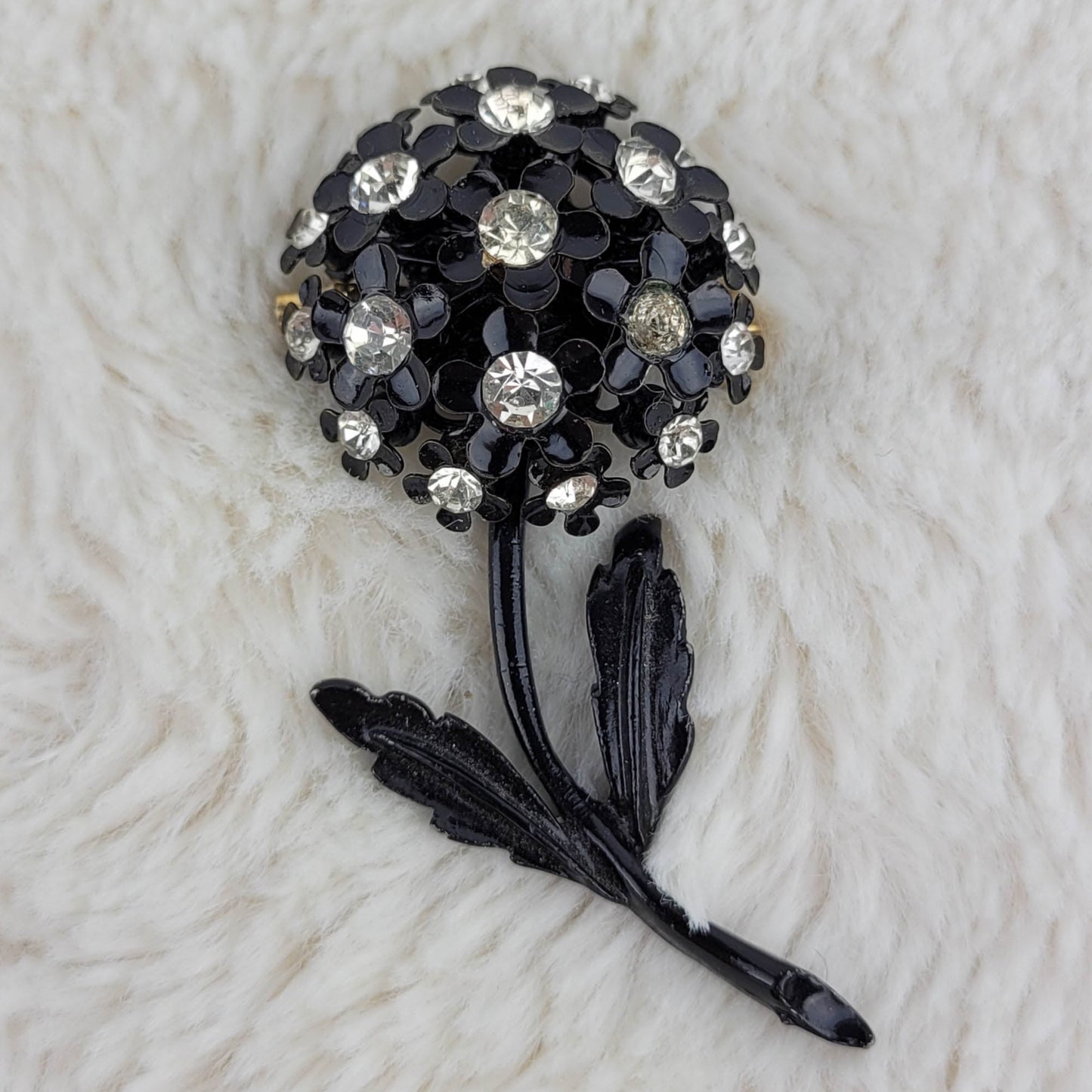 1950's Black Enamel and Clear Rhinestone Flower Pin