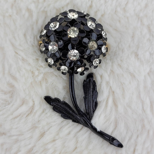 1950's Vintage Black Enamel and Clear Rhinestone Flower Pin