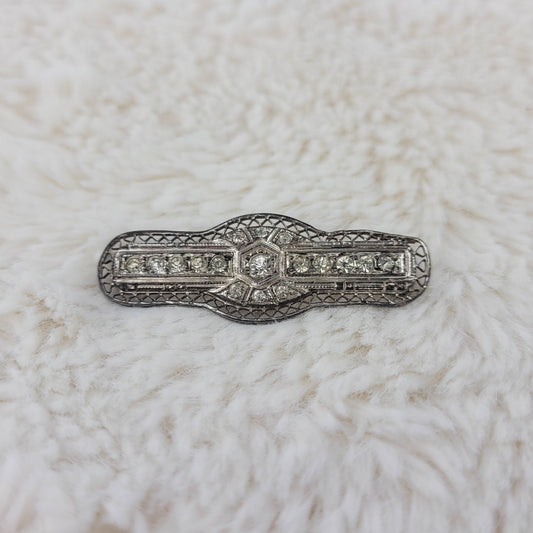 1920s Sterling Silver Metal Filigree and Rhinestone Bar Pin