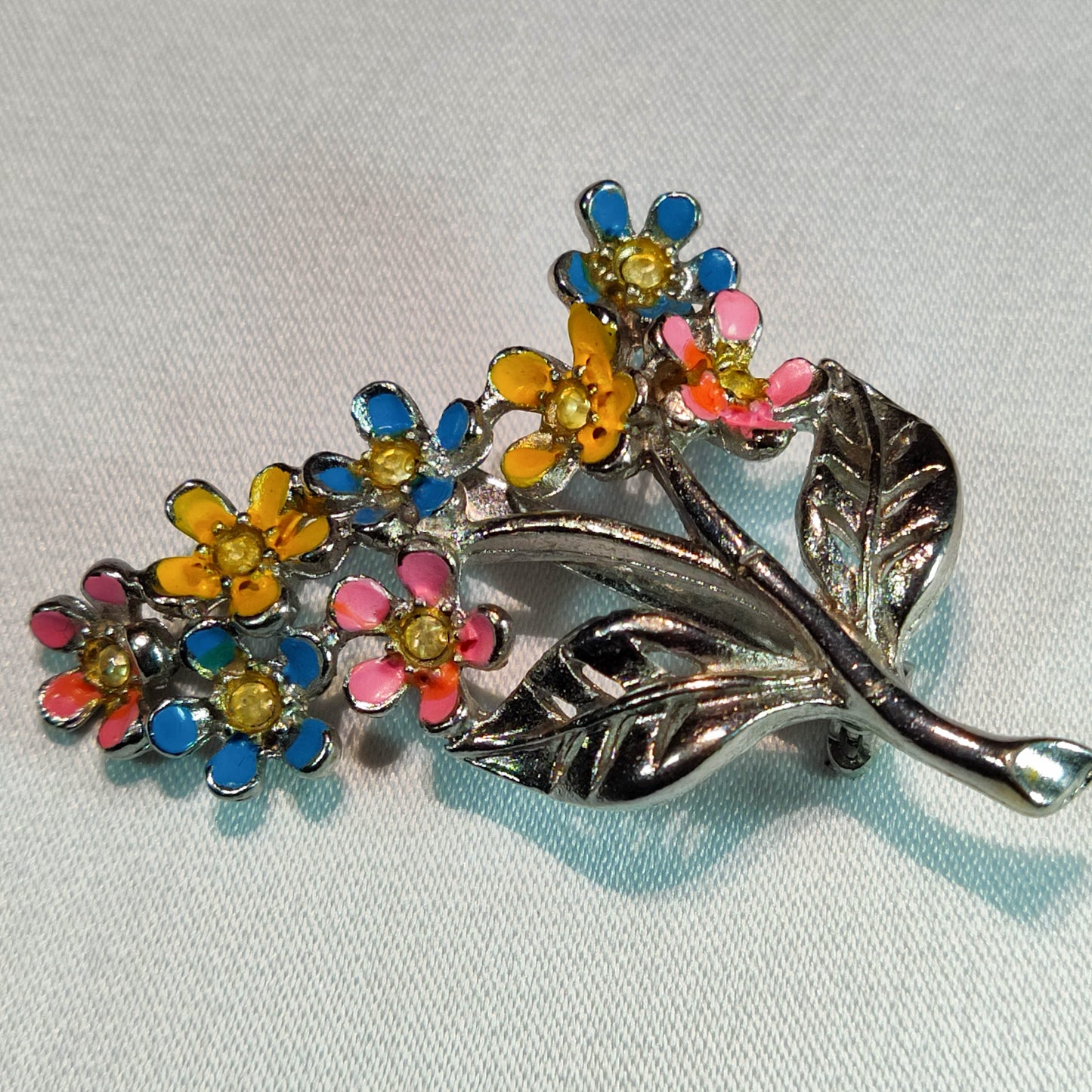 1950's Silver Tone Metal and Multi-Colored Enamel Rhinestone Flower Pin