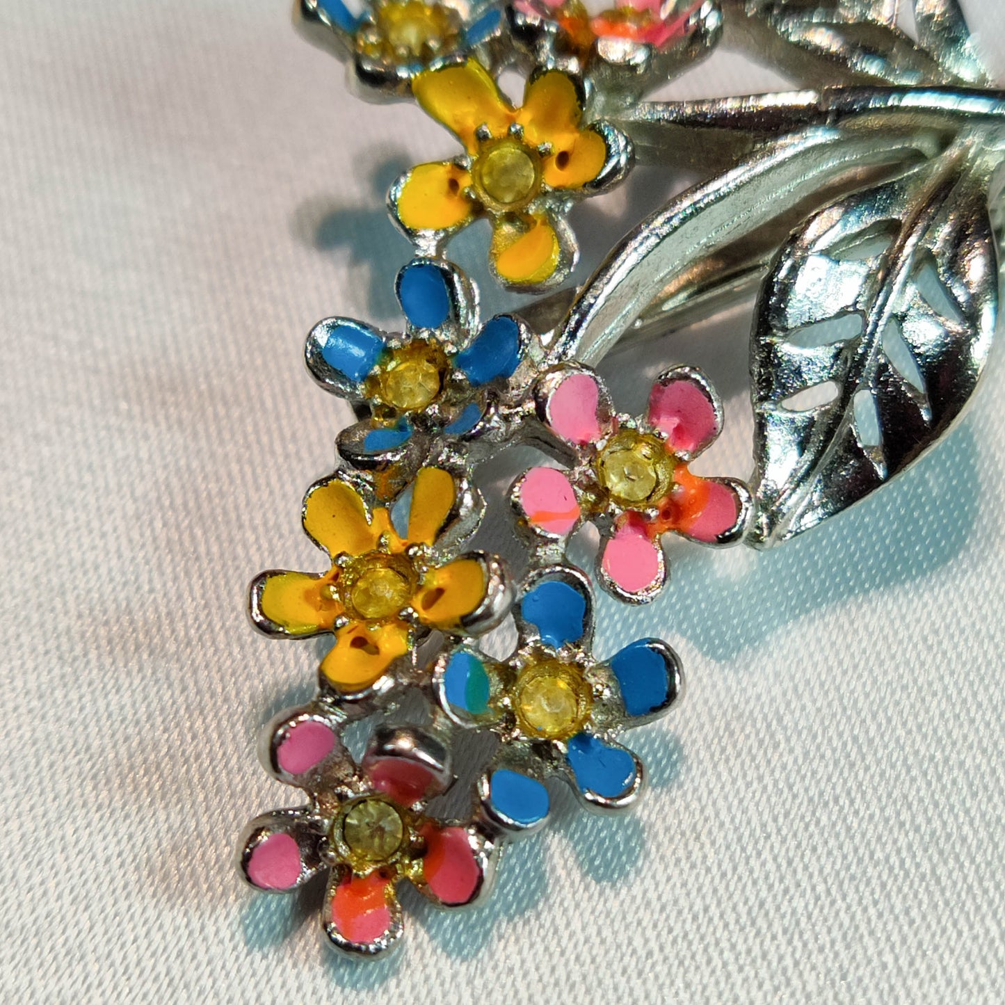 1950's Silver Tone Metal and Multi-Colored Enamel Rhinestone Flower Pin