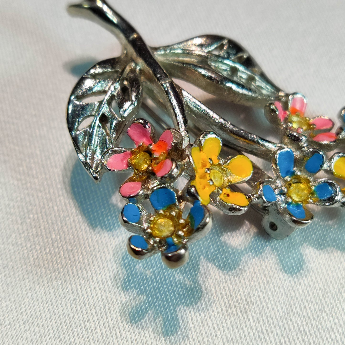 1950's Silver Tone Metal and Multi-Colored Enamel Rhinestone Flower Pin