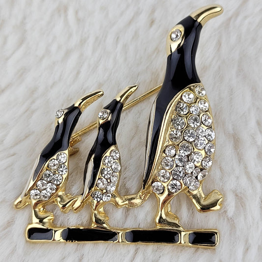1950's Vintage Marching Penguins Black Enamel and Rhinestones Pin