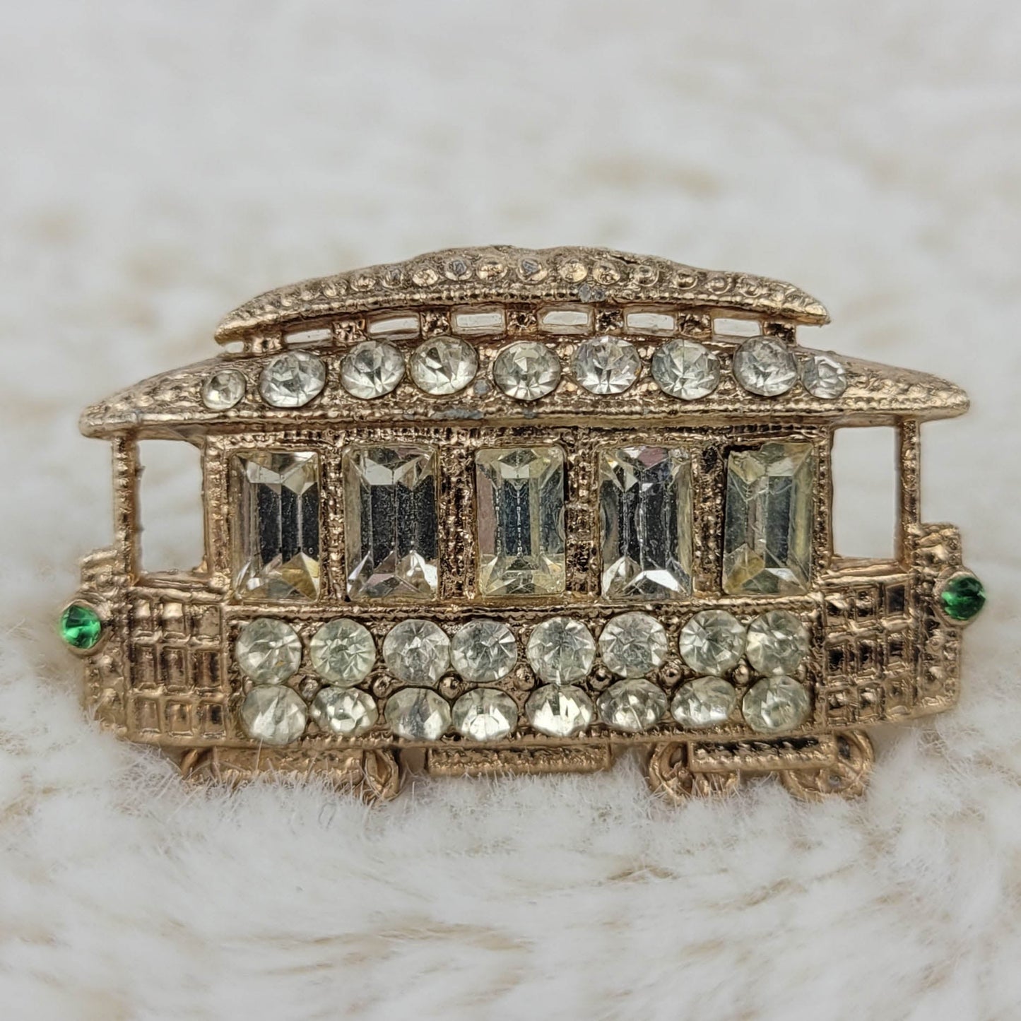 1940's Gold Tone Metal and Rhinestone Trolley Pin
