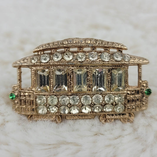 1940's Vintage Gold Tone Metal and Rhinestone Trolley Pin