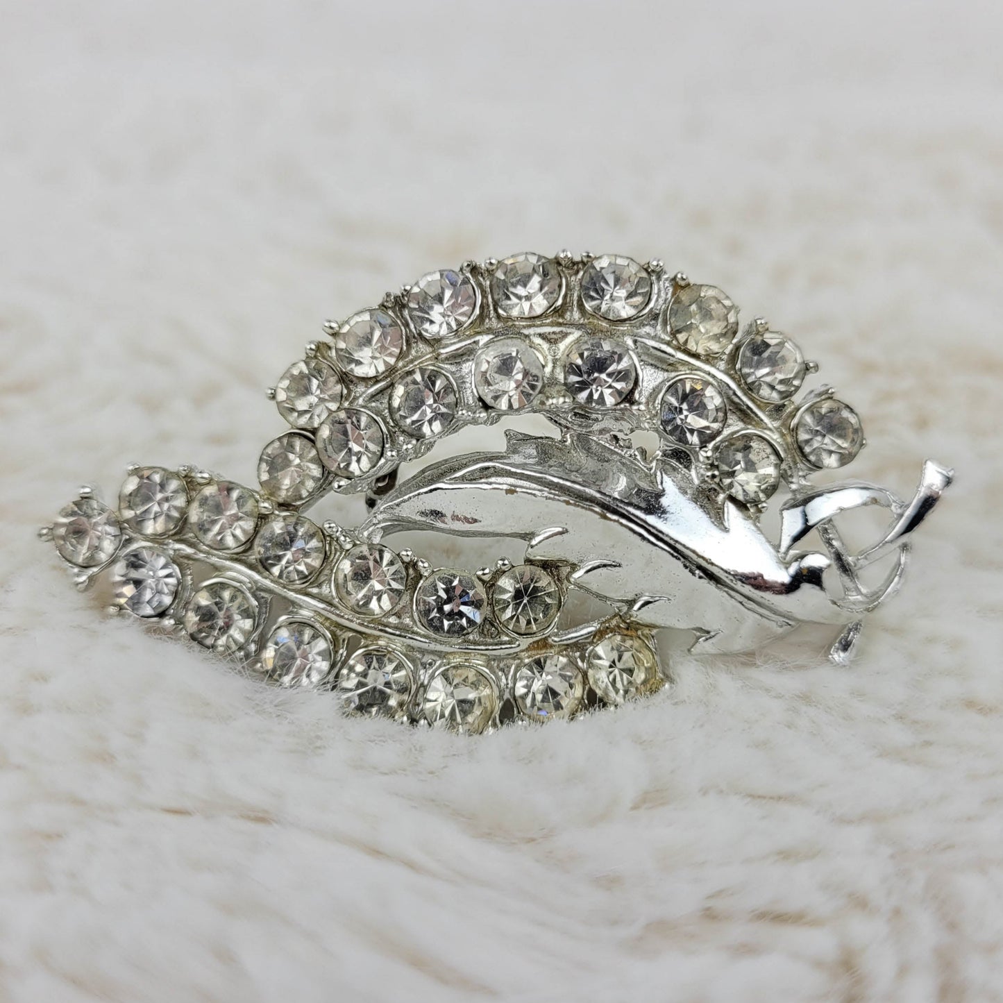 1950's Clear Rhinestone and Silver Tone Metal Leaf Pin