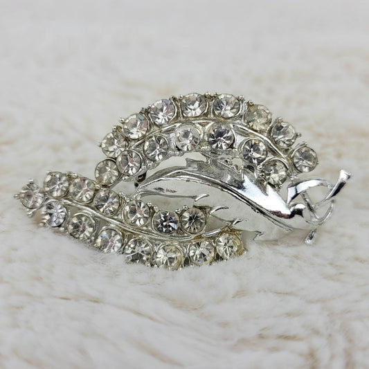 1950's Vintage Clear Rhinestone and Silver Tone Metal Leaf Pin
