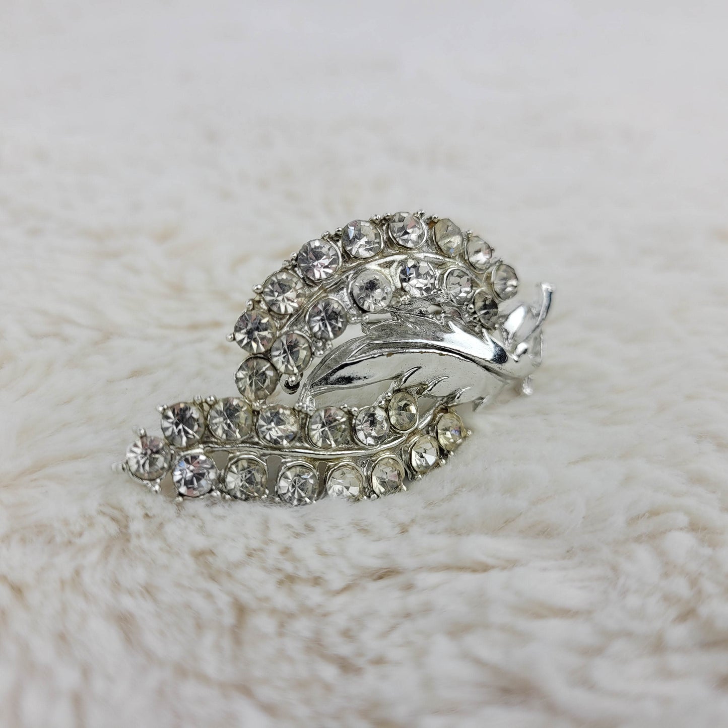 1950's Clear Rhinestone and Silver Tone Metal Leaf Pin