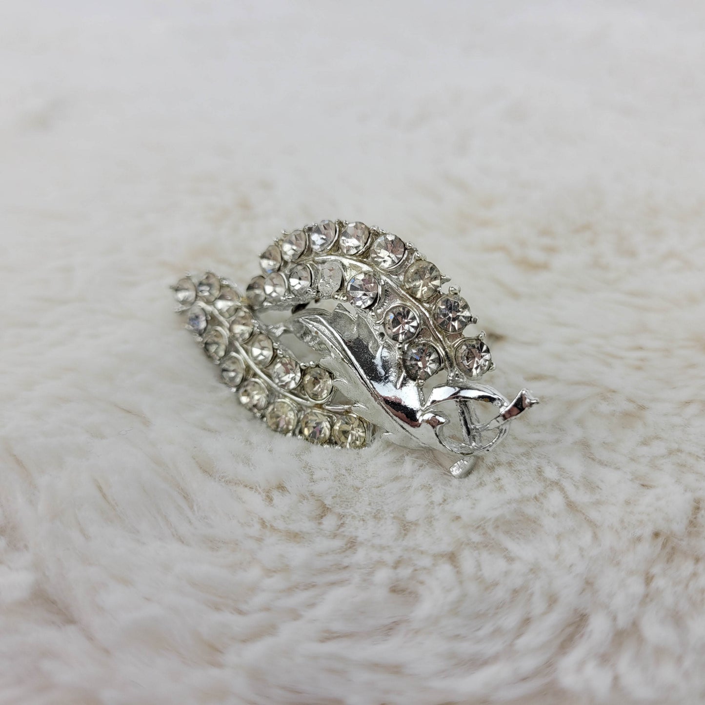 1950's Clear Rhinestone and Silver Tone Metal Leaf Pin