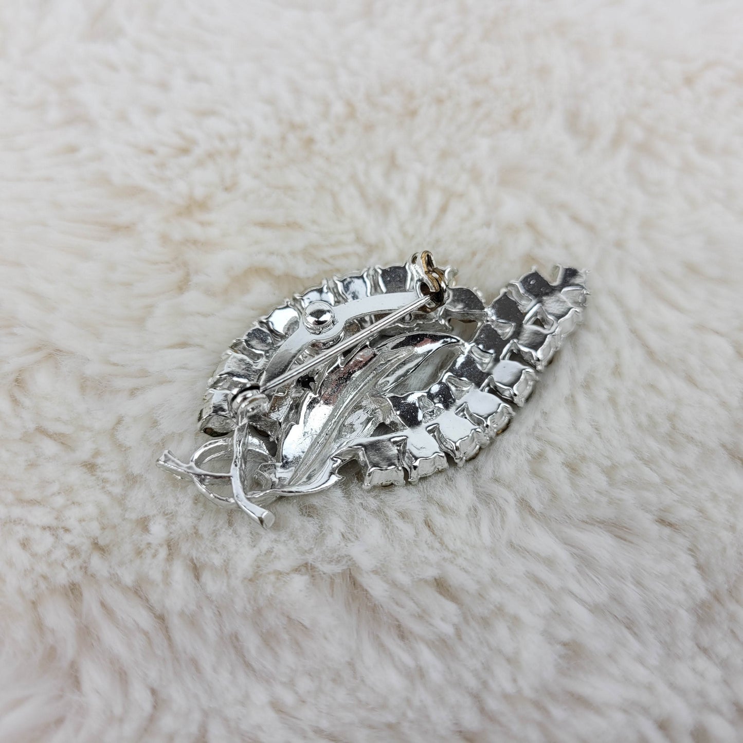 1950's Clear Rhinestone and Silver Tone Metal Leaf Pin