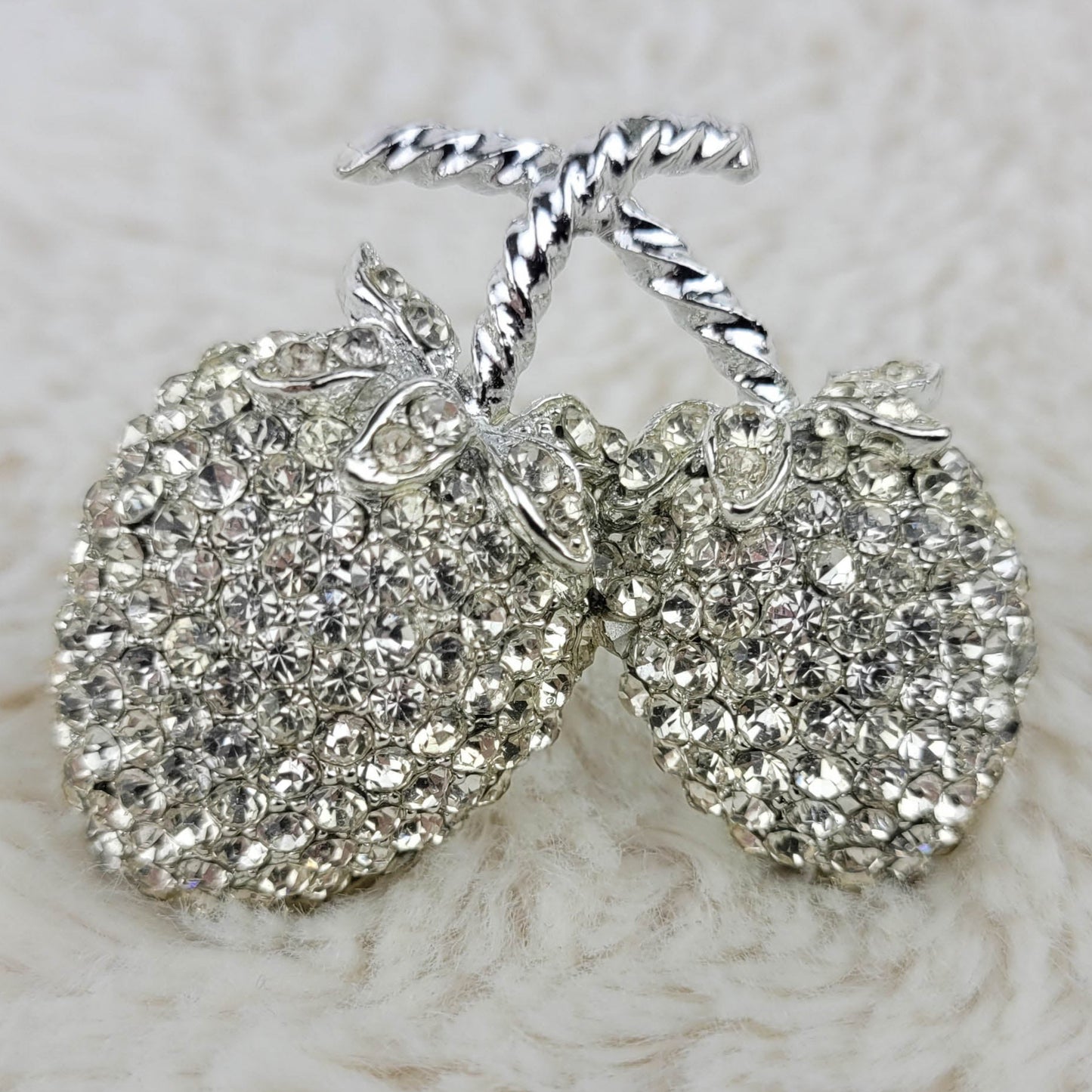 1950's Clear Rhinestone Silver Tone Metal Cherries Pin by Weiss