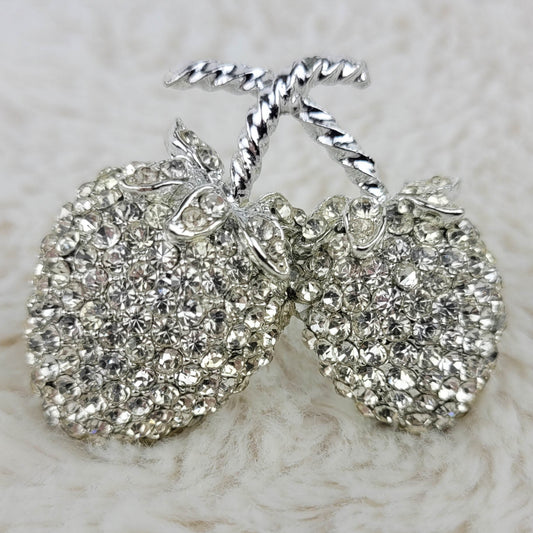 1950's Vintage Clear Rhinestone Silver Tone Metal Cherries Pin by Weiss