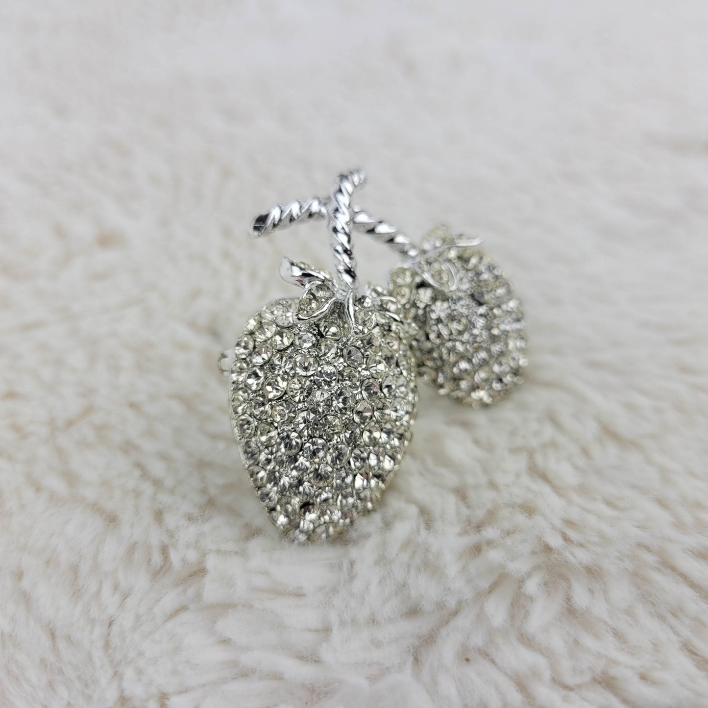 1950's Clear Rhinestone Silver Tone Metal Cherries Pin by Weiss