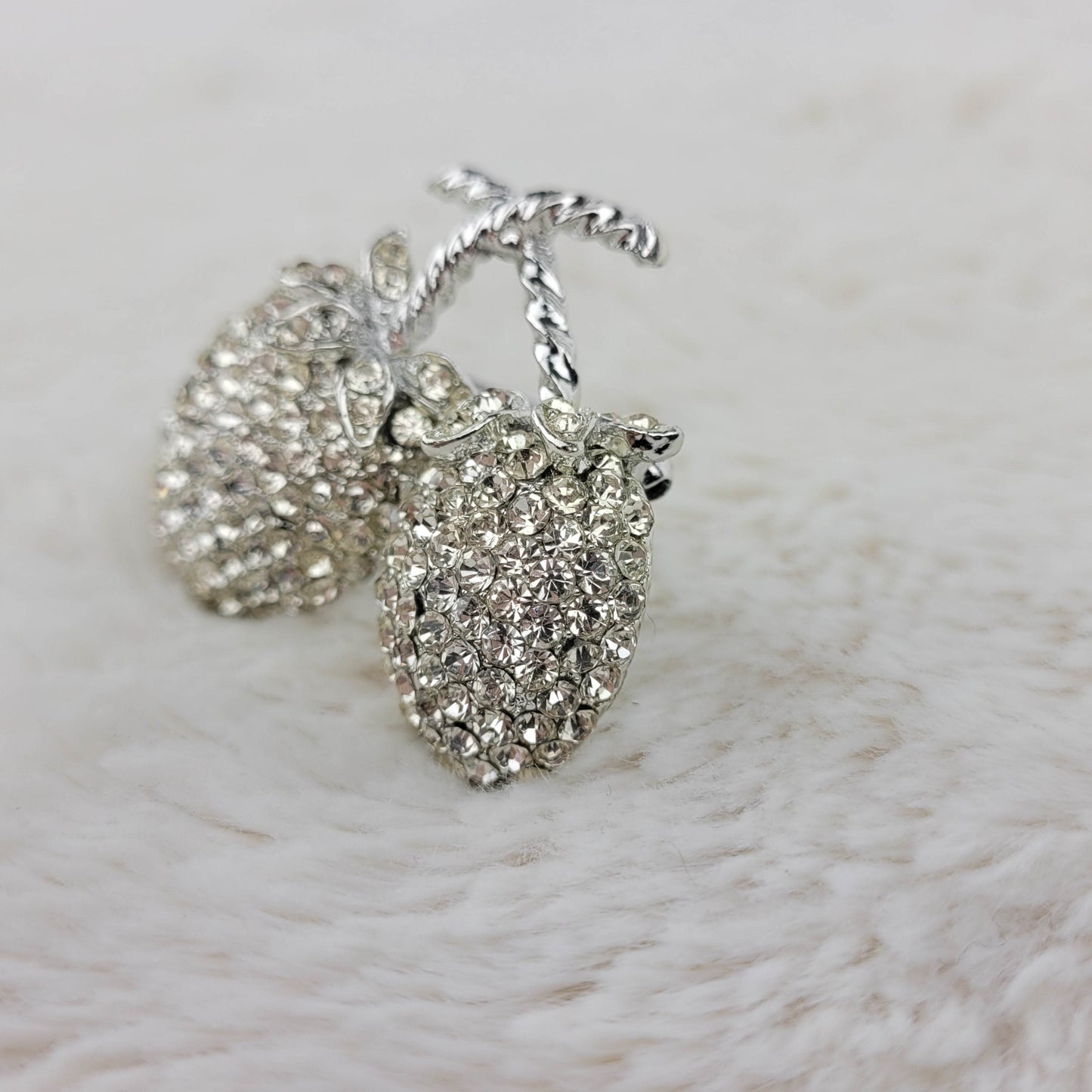 1950's Clear Rhinestone Silver Tone Metal Cherries Pin by Weiss