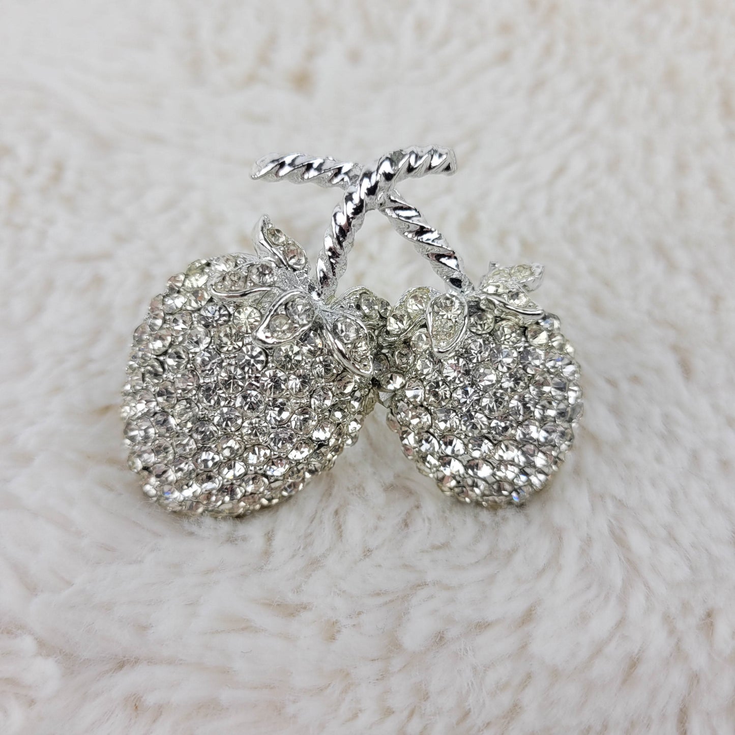1950's Clear Rhinestone Silver Tone Metal Cherries Pin by Weiss