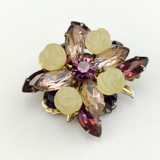1940's Vintage Purple Rhinestone and Ivory Lucite Cluster Pin