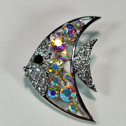 1950's Vintage Silver Tone Metal Fish with Aurora Borealis Rhinestones