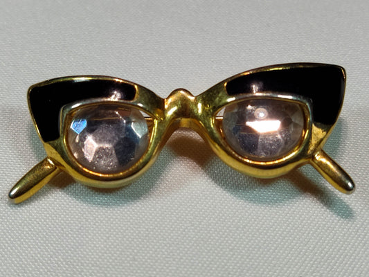 1950's Vintage Gold Tone Metal, Rhinestone and Black Enamel Cat's Eye Glasses Pin