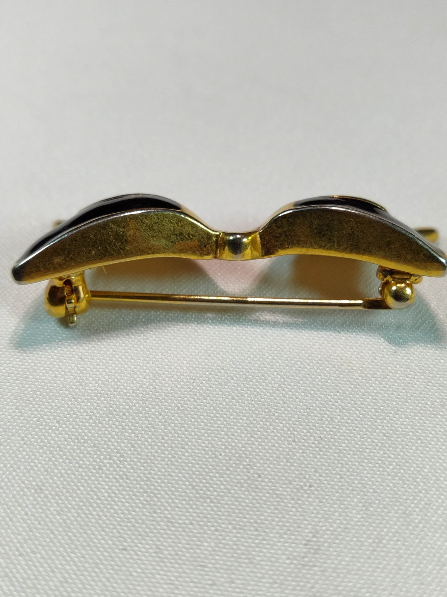 1950's Gold Tone Metal, Rhinestone and Black Enamel Cat's Eye Glasses Pin