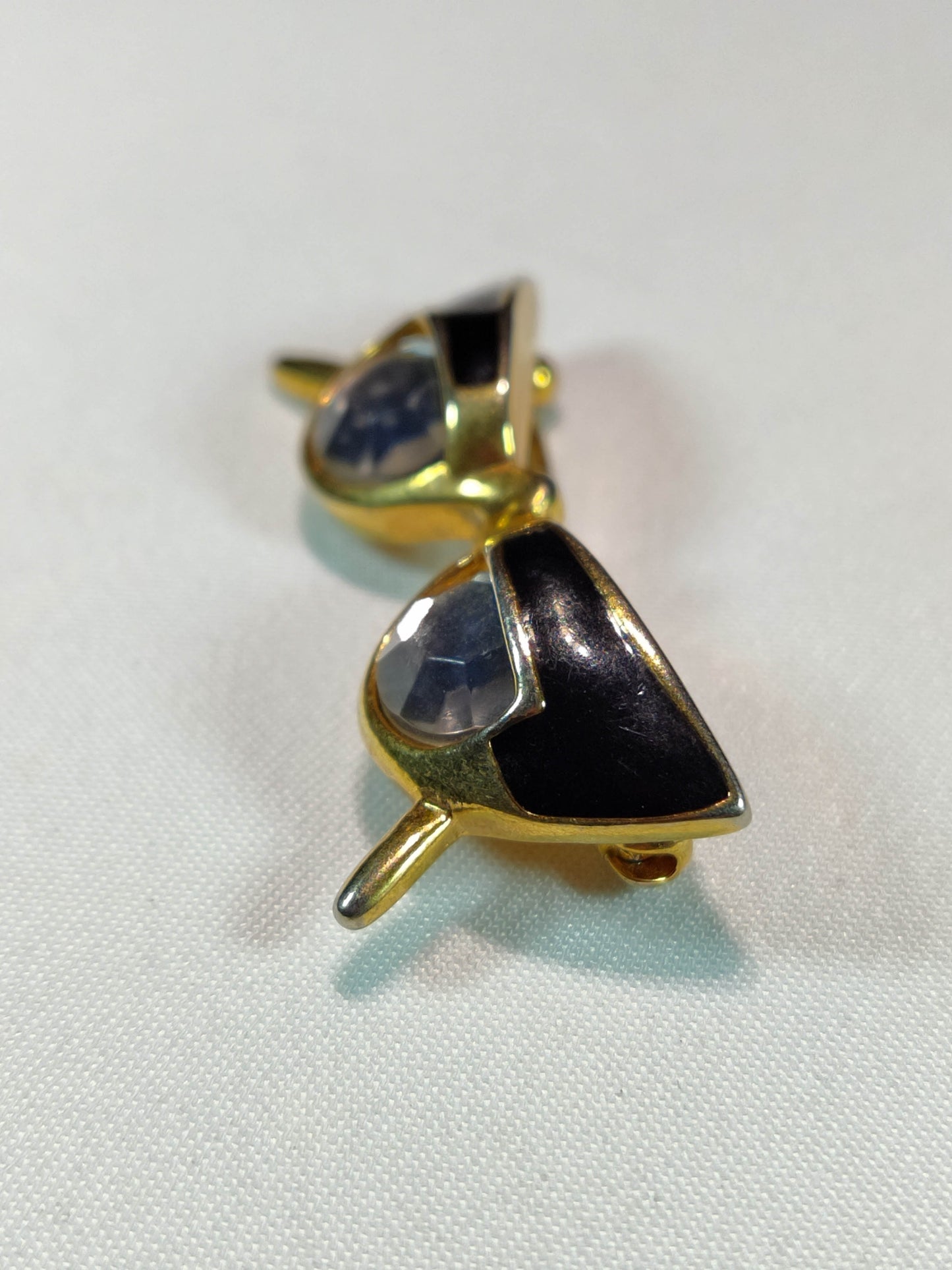 1950's Gold Tone Metal, Rhinestone and Black Enamel Cat's Eye Glasses Pin