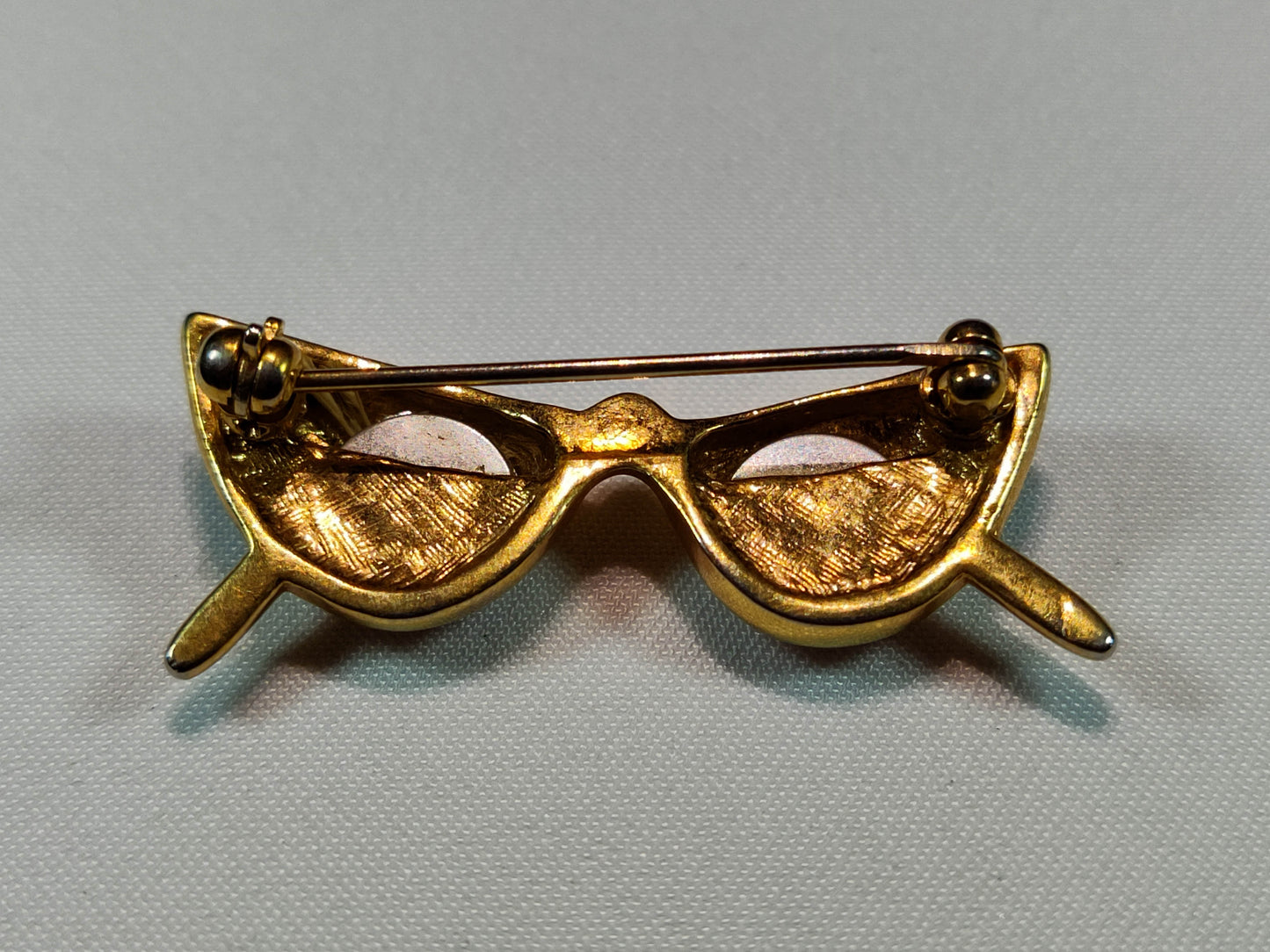 1950's Gold Tone Metal, Rhinestone and Black Enamel Cat's Eye Glasses Pin