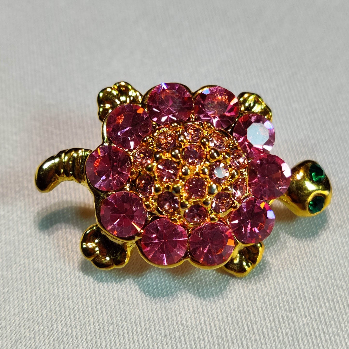 1950's Pink Rhinestone and Gold Tone Metal Turtle Pin