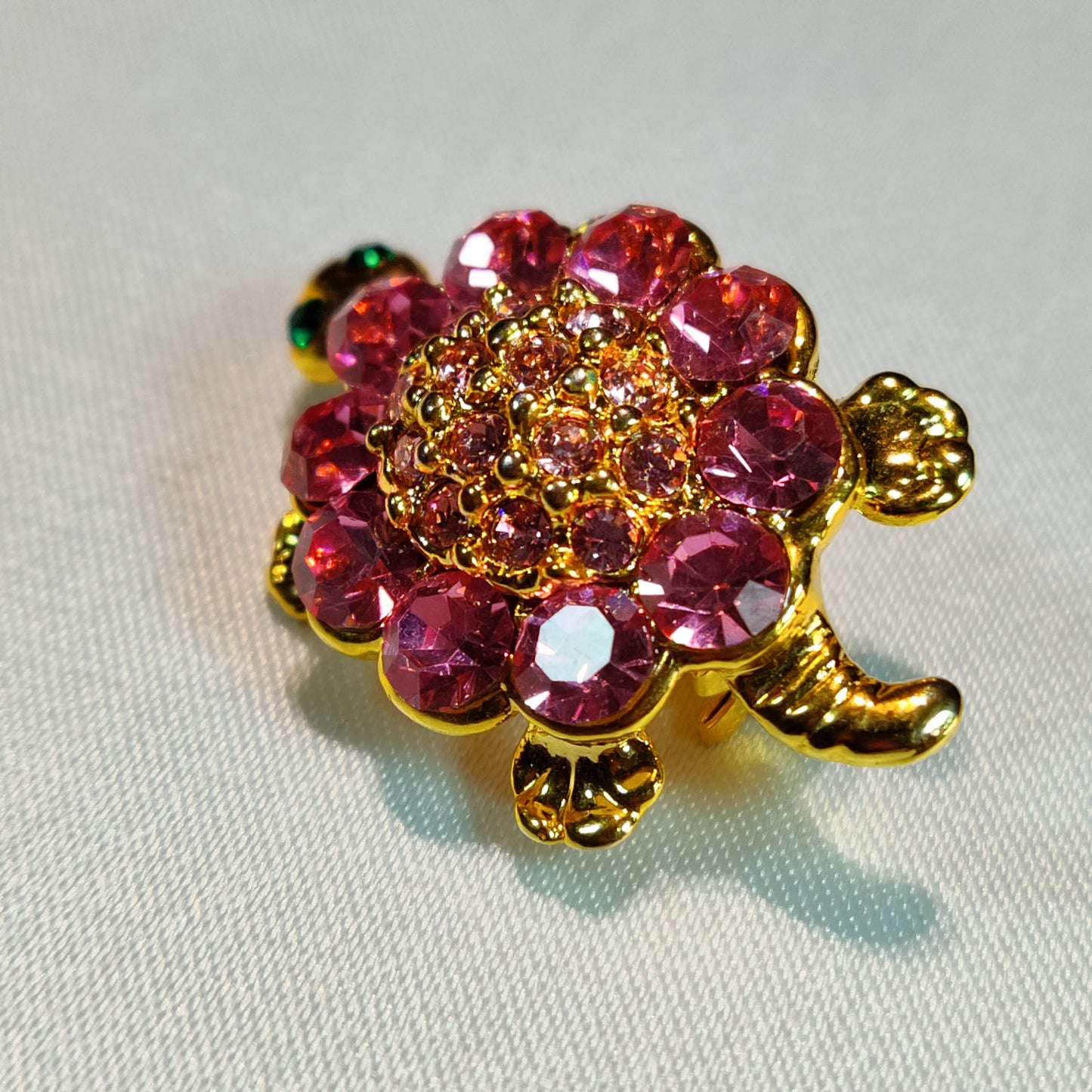 1950's Pink Rhinestone and Gold Tone Metal Turtle Pin