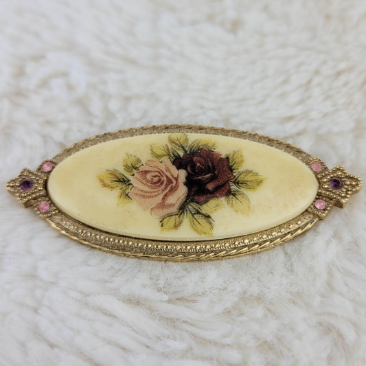 1940's Vintage Oval Worked Gold Tone Metal Lacquer Flower Pin with Rhinestones