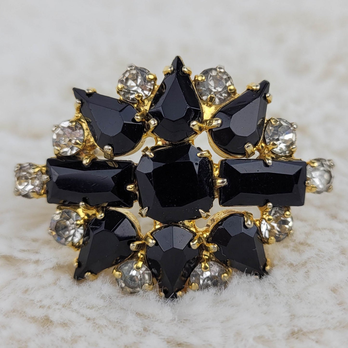 1950's Black and Clear Rhinestone Flower Pin