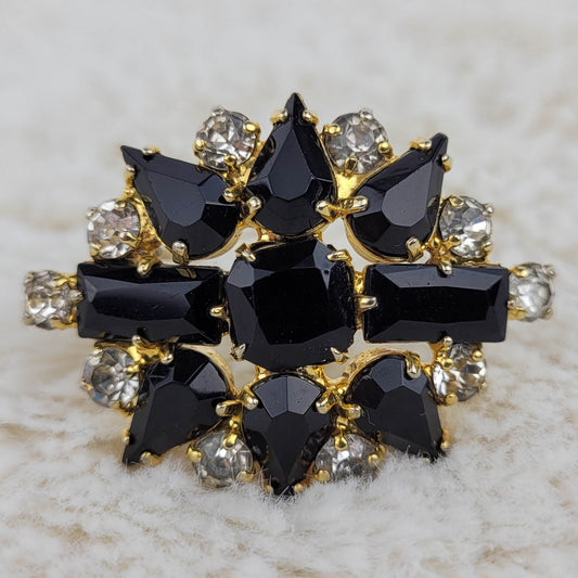 1950's Vintage Black and Clear Rhinestone Flower Pin