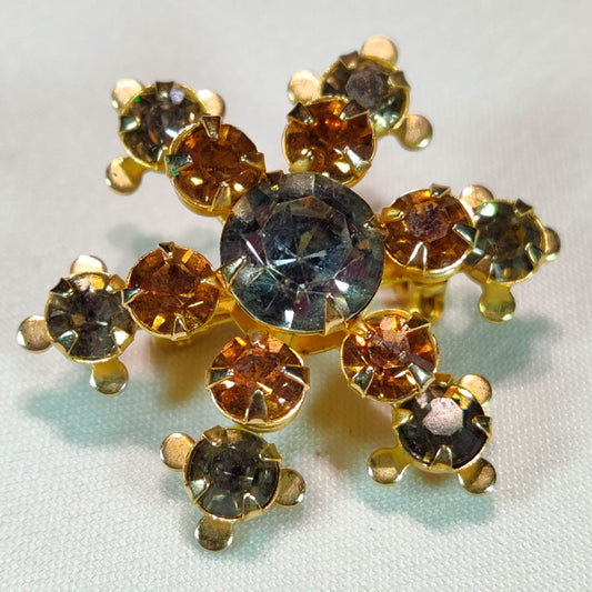 1950's Vintage Grey and Bronze Rhinestone Flower Pin