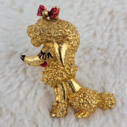 1950's Vintage Gold Tone Metal and Enamel Poodle Pin