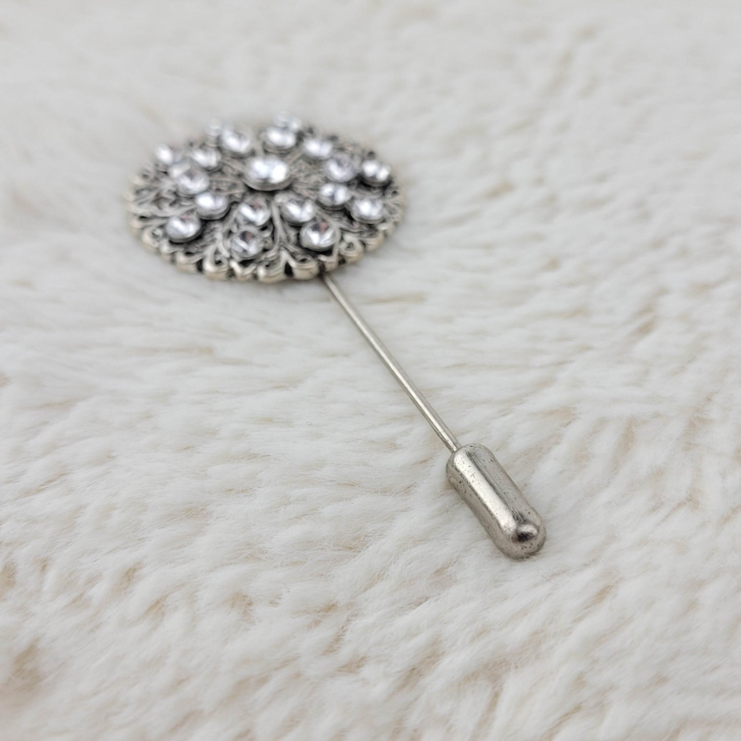 1960's Silver Tone Metal and Clear Rhinestone Stick Pin