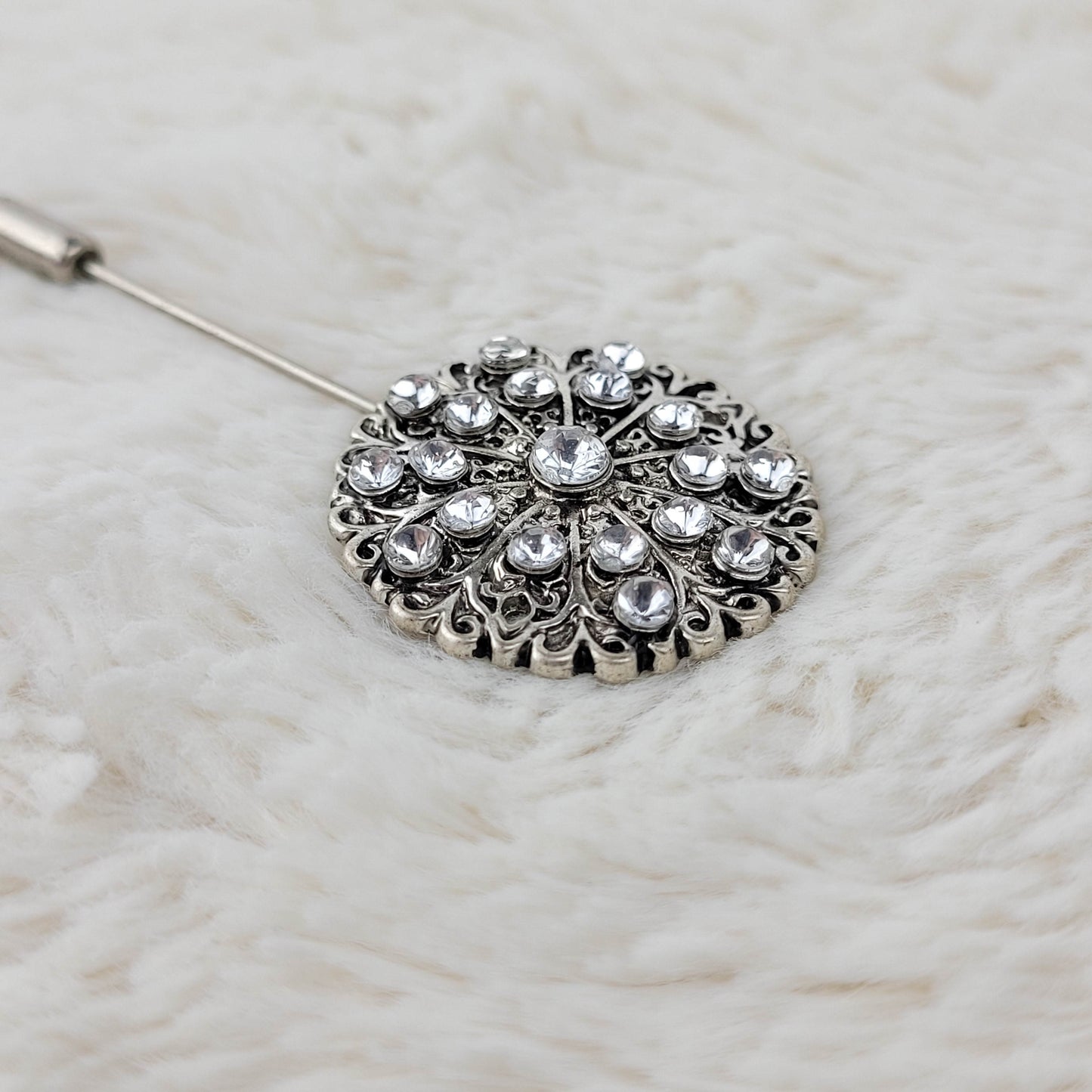 1960's Silver Tone Metal and Clear Rhinestone Stick Pin
